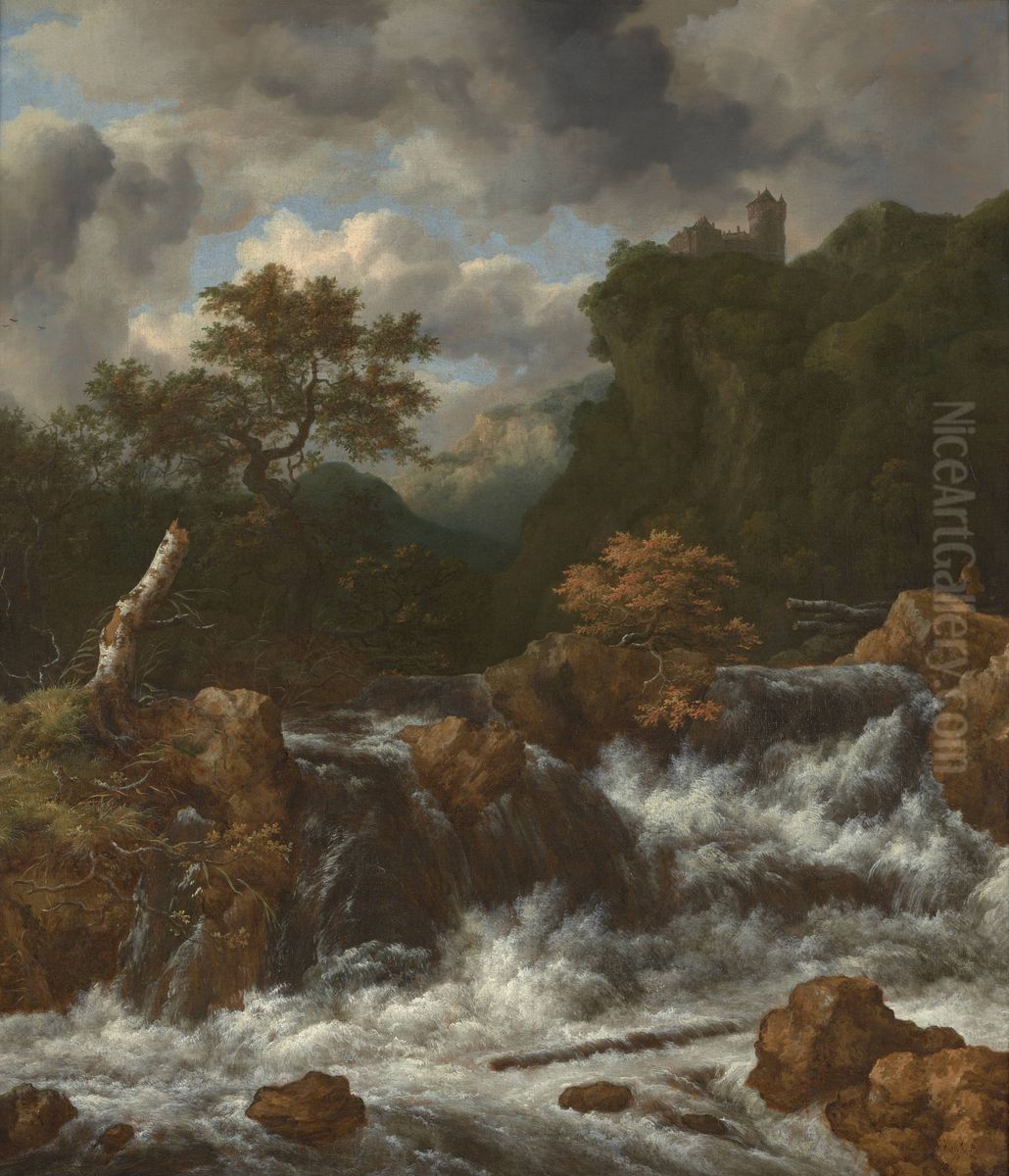 Landscape with a water fall, a castle on a mountain on the right, ca. 1665 Oil Painting by Jacob Van Ruisdael
