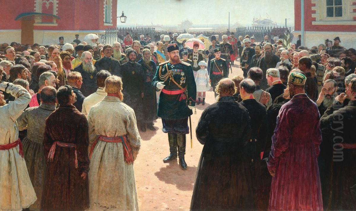 Aleksander III receiving rural district elders in the yard of Petrovsky Palace in Moscow. Oil Painting by Repin Iliya