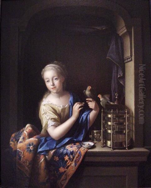 Girl with a Birdcage in a Window Oil Painting by Pieter van der Werff