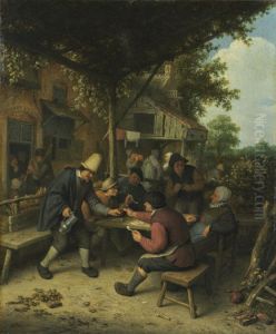 Peasants in front of a tavern, smoking and playing cards