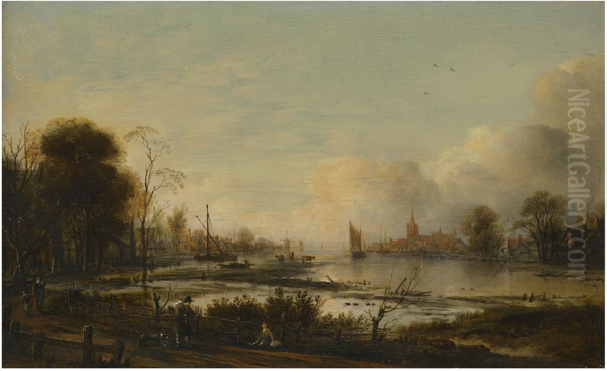 River Landscape with Figures Oil Painting by Aert van der Neer