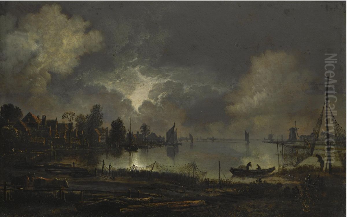 View of a lakeside town by moonlight, with nettings hanging out to dry Oil Painting by Aert van der Neer