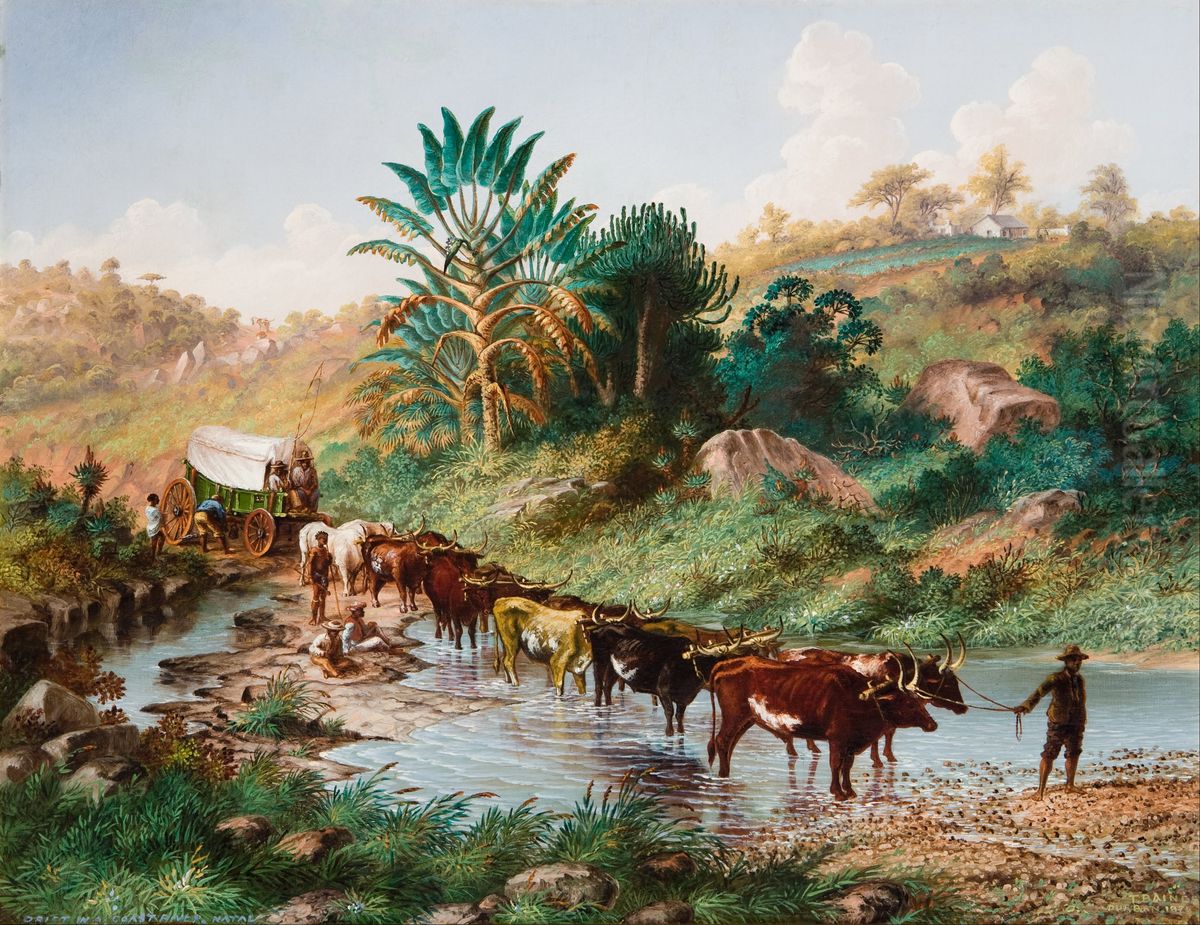Wagon Crossing a Drift - Natal Oil Painting by Thomas Baines