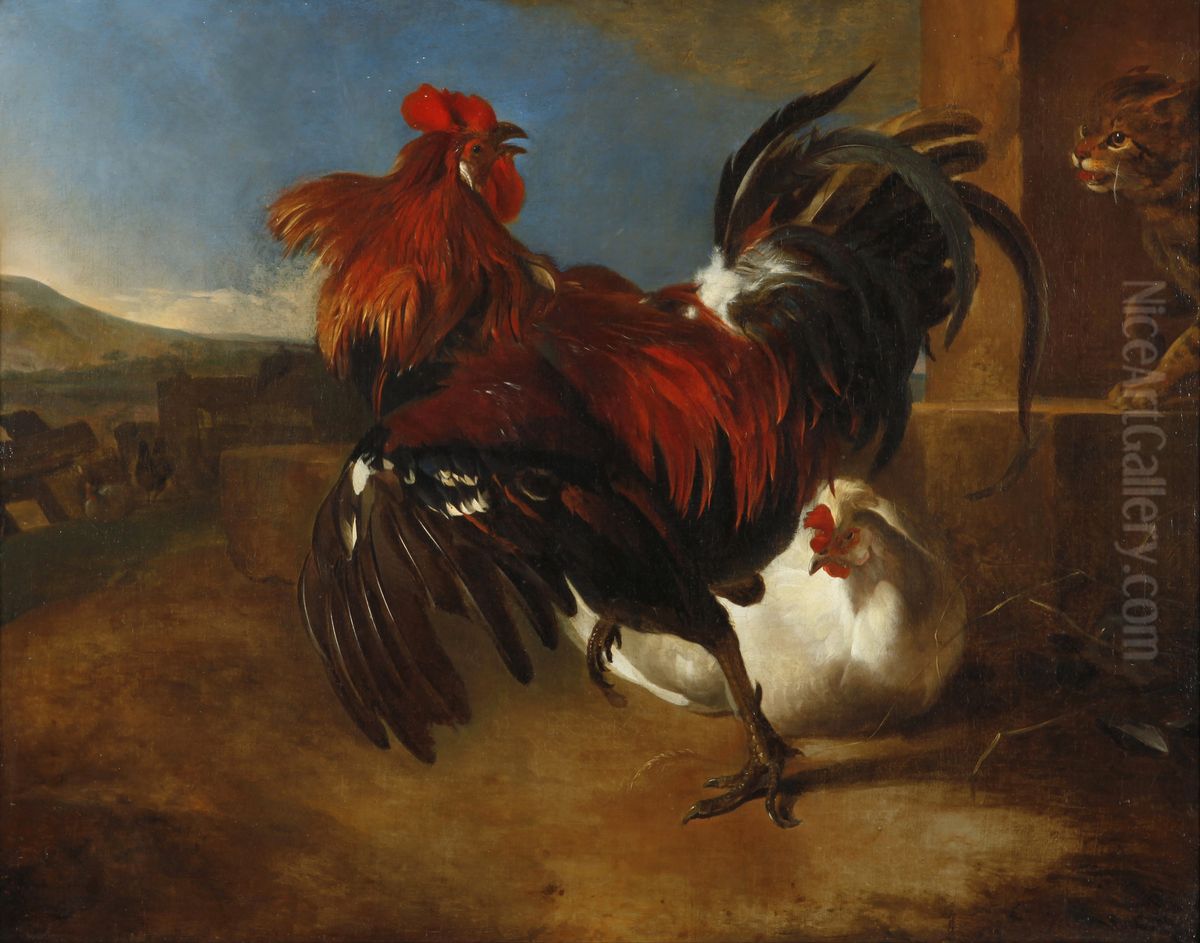 Hoenderhof met opgeschrikte haan Oil Painting by Melchior D'Hondecoeter