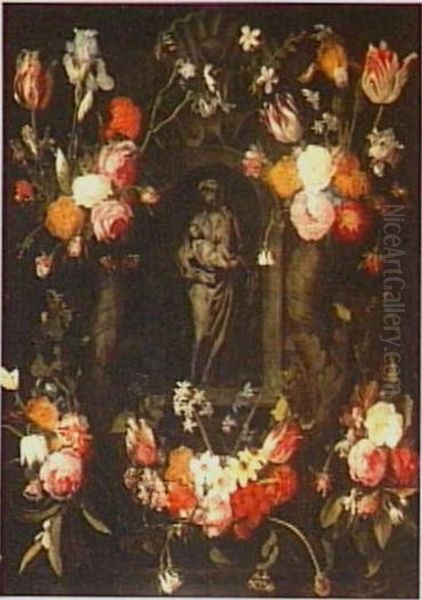 Garland of flowers around grisaille of Maria and Child Oil Painting by Jan Philip van Thielen