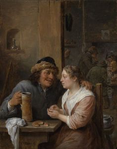 Mann mit Bierkrug und junge Frau im Wirtshaus
