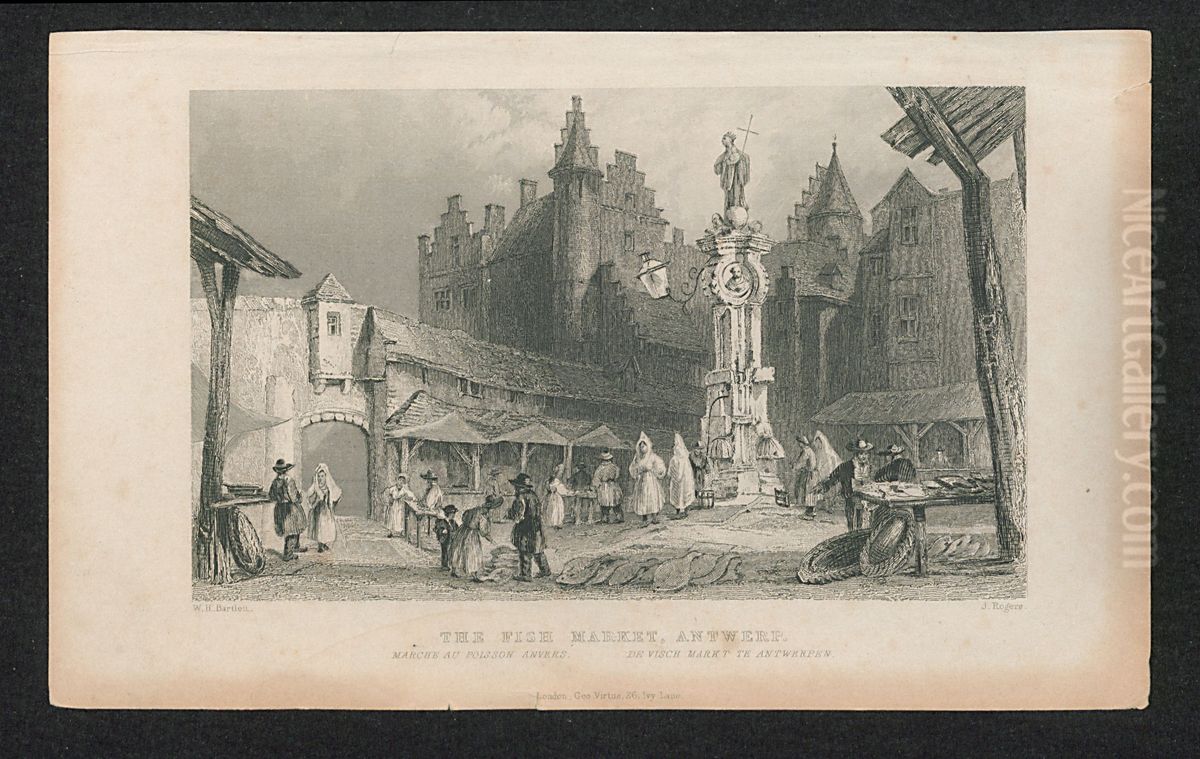 De visch markt te Antwerpen. Oil Painting by John Rogers