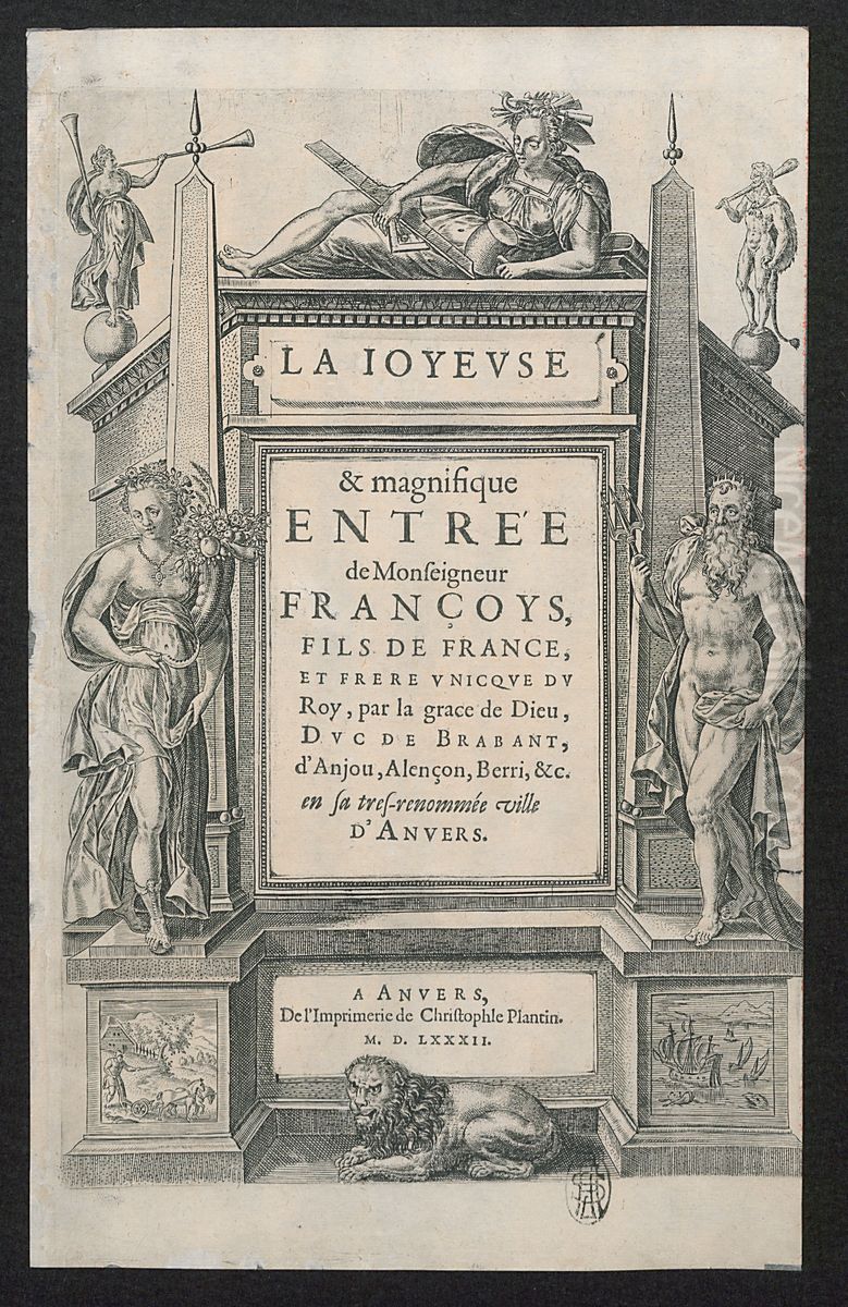 Titelplaat voor de Blijde Intrede van de hertog van Anjou in Antwerpen in 1582. Oil Painting by Print Room of the University of Antwerp