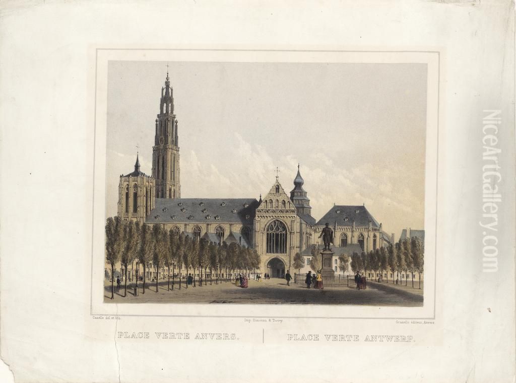 Zicht op het beeldhouwwerk van Rubens en de kathedraal van Antwerpen, gezien vanaf de Groenplaats Oil Painting by Adrien Canelle