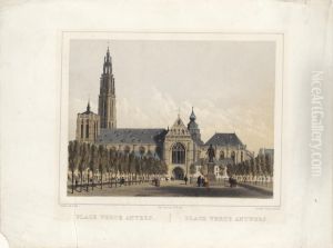 Zicht op het beeldhouwwerk van Rubens en de kathedraal van Antwerpen, gezien vanaf de Groenplaats