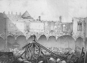 Het puin van de Beurs van Antwerpen, langs de kant van de Kamer van Koophandel