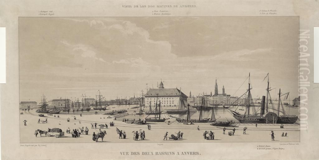 Zicht op de twee dokken te Antwerpen Oil Painting by Louis-Joseph Ghemar