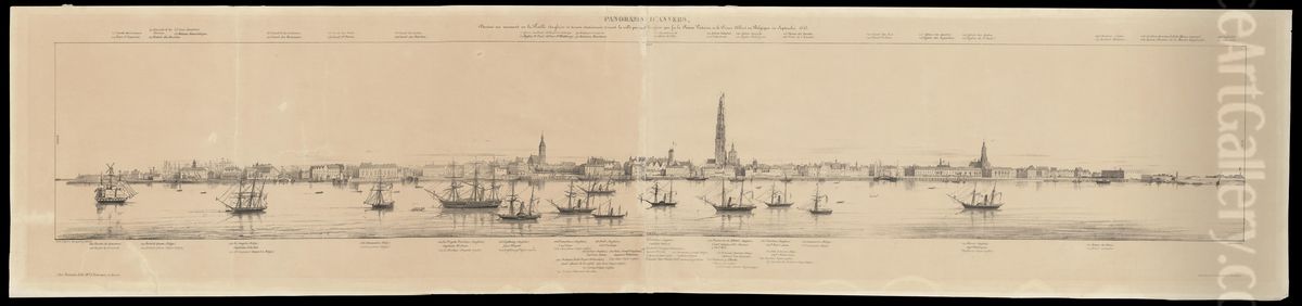 Panoramische zicht van de stad en de rede van Antwerpen vanuit het Vlaams Hoofd (Linkeroever) Oil Painting by Paul Lauters