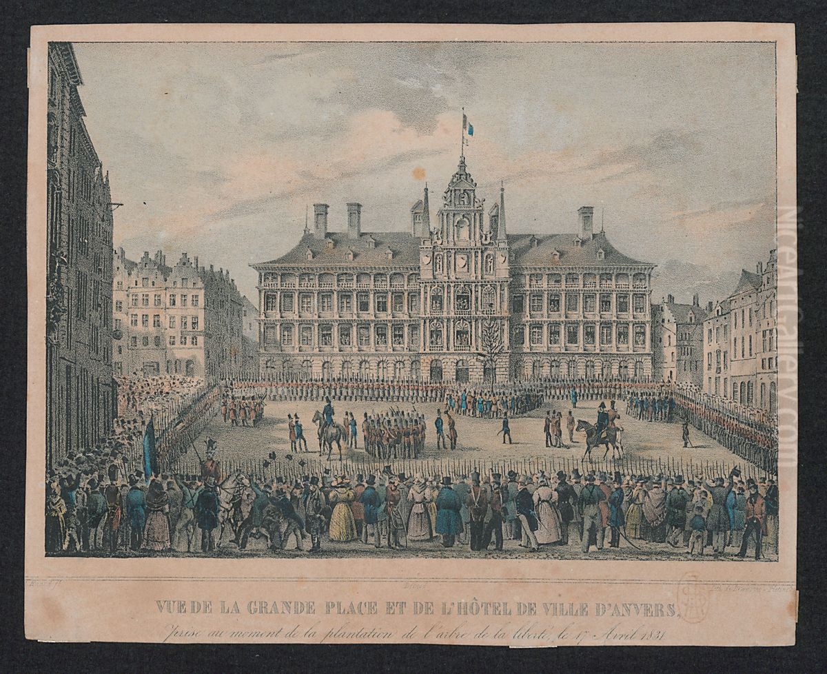 Zicht op de Grote Markt en het Stadhuis van Antwerpen toen de Vrijheidsboom geplant werd op 17 april 1831 Oil Painting by Print Room of the University of Antwerp