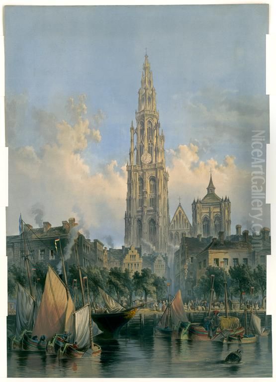 Redezicht met de kathedraal van Antwerpen op de achtergrond Oil Painting by Print Room of the University of Antwerp