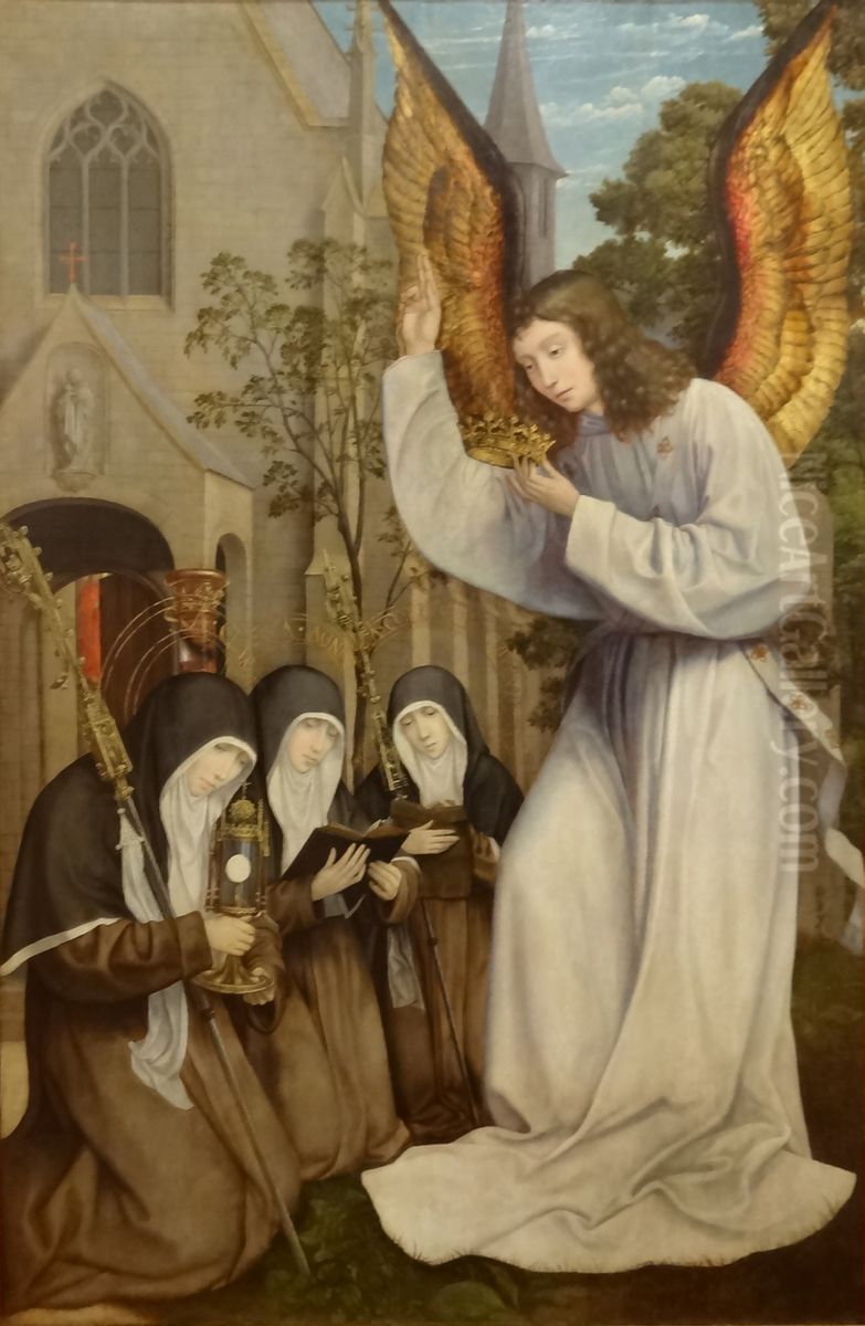 Appearance of Angel to Saint Clare, Saint Agnes and Saint Colette Oil Painting by Quinten Metsys