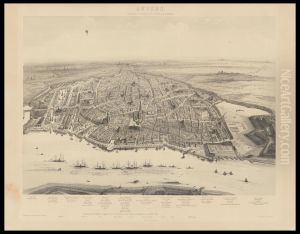 Zicht op Antwerpen met de ligging van de Engelse vloot bij de aankomst van de Koningin van Engeland in 1852