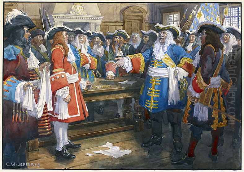 Frontenac receiving the envoy of Sir William Phipps demanding the surrender of Quebec, 1690. Oil Painting by Charles William Jefferys