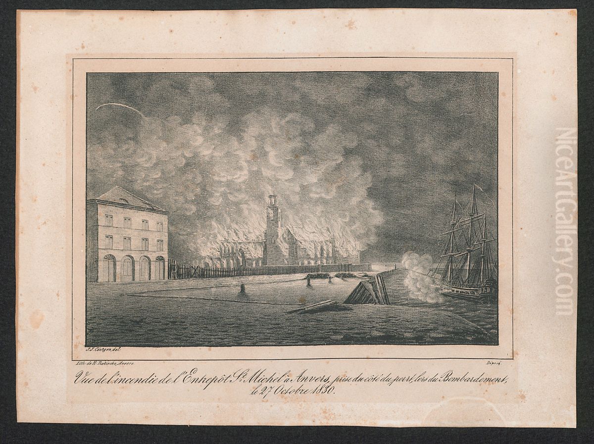 Zicht op het stapelhuis van Antwerpen vanuit de haven, na het bombardement van 27 oktober 1830. Oil Painting by J.J. Contgen