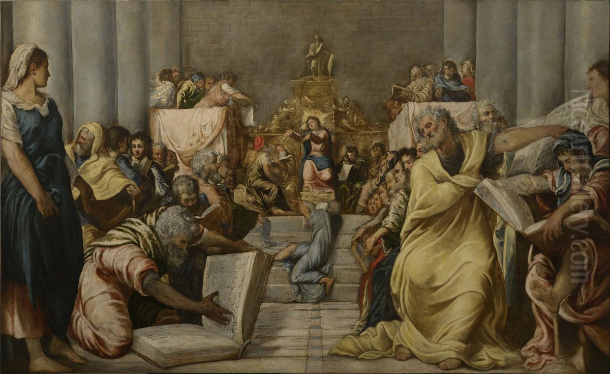 Christ disputing in the Temple Oil Painting by Jacopo Tintoretto