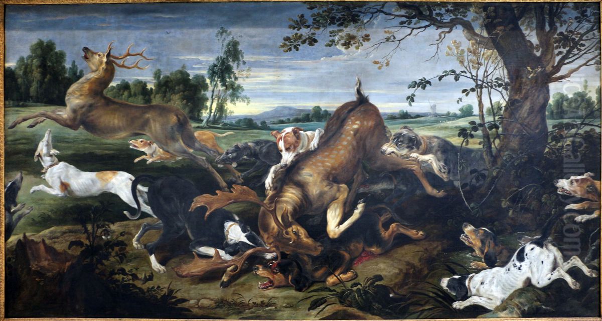 Dogs attacking two fallow deers Oil Painting by Frans Snyders
