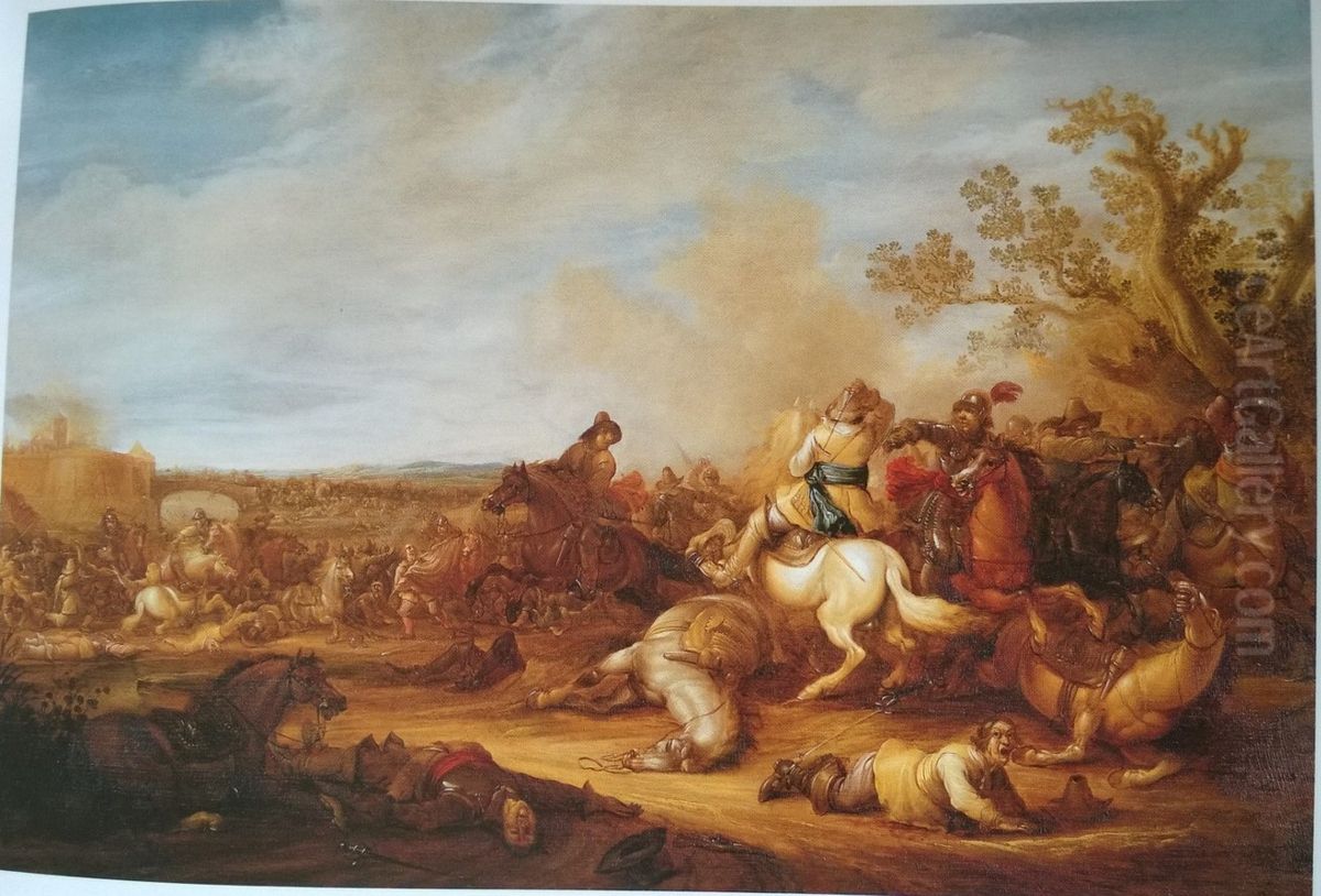 Cavalry Battle Oil Painting by Abraham van der Hoef
