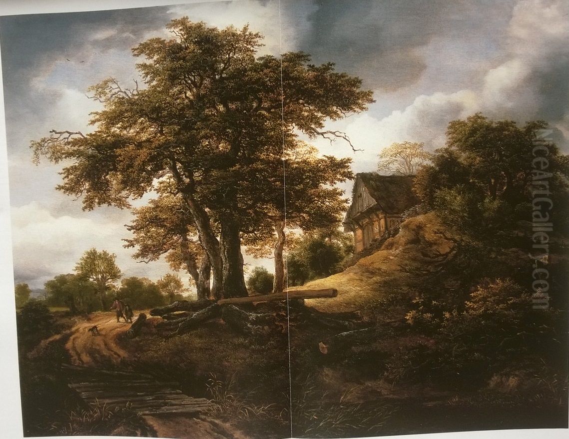 Wooded landscape with a house at a country road, in the foreground a bidge Oil Painting by Jacob Van Ruisdael