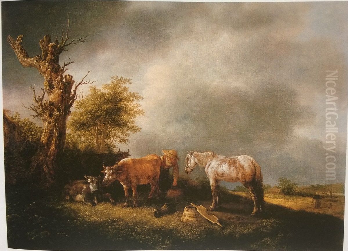 Melkmeisje met koeien en een paard Oil Painting by Isaac Van Ostade