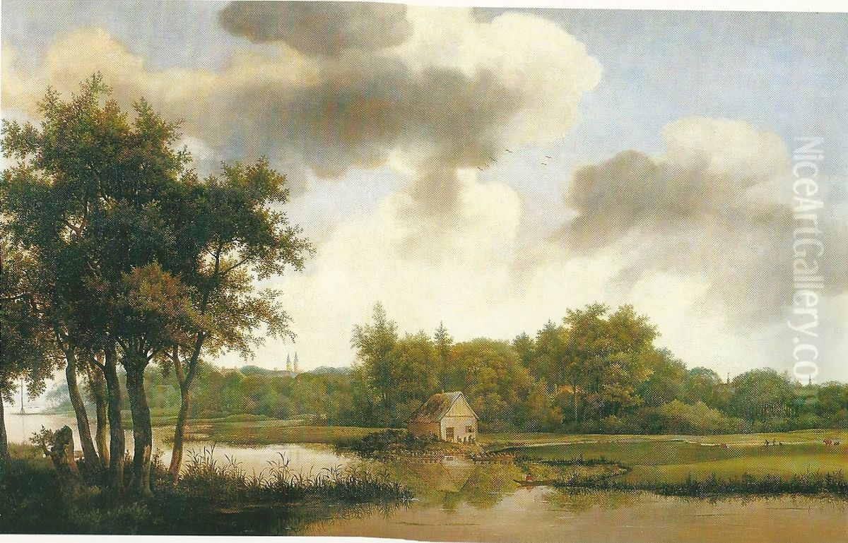 Rivierlandschap met op de achtergrond Kasteel Heemstede Oil Painting by Jan Lagoor