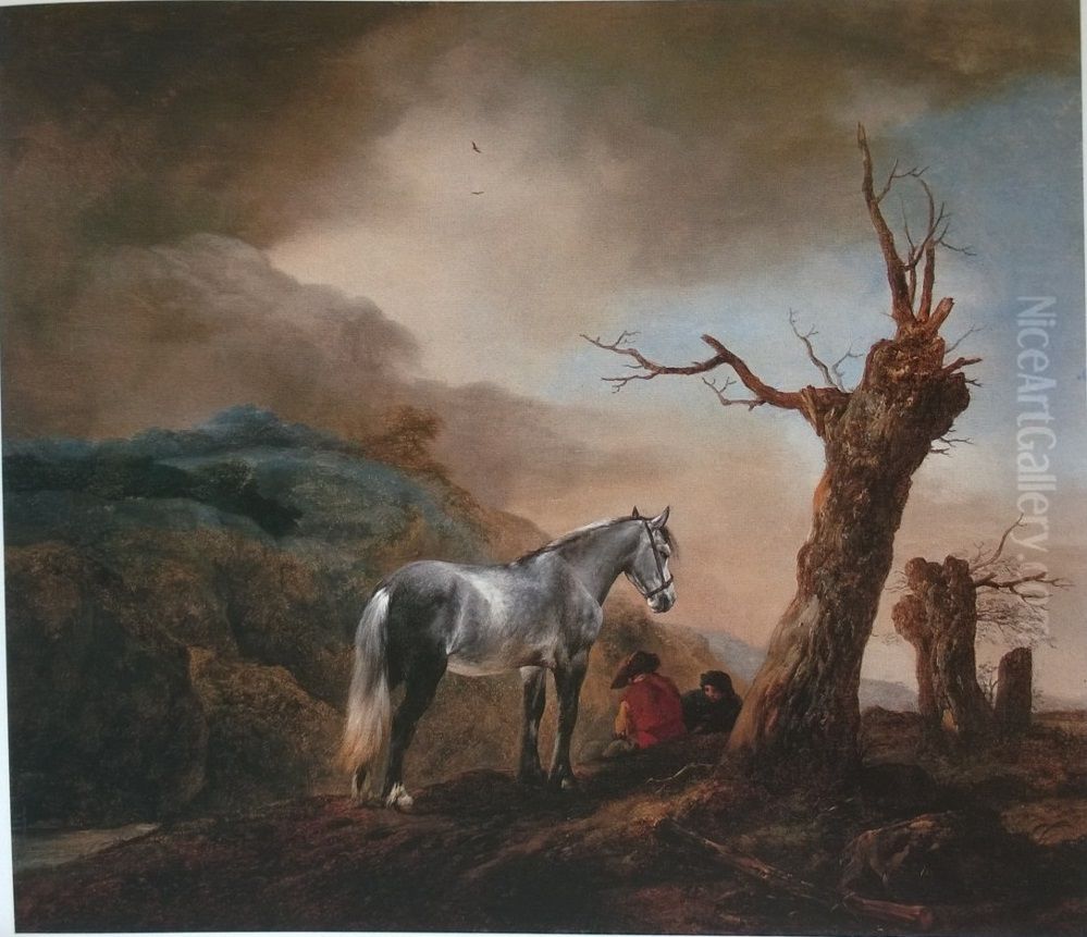 Rustende mannen naast een schimmel in een landschap met opkomend onweer Oil Painting by Philips Wouwerman
