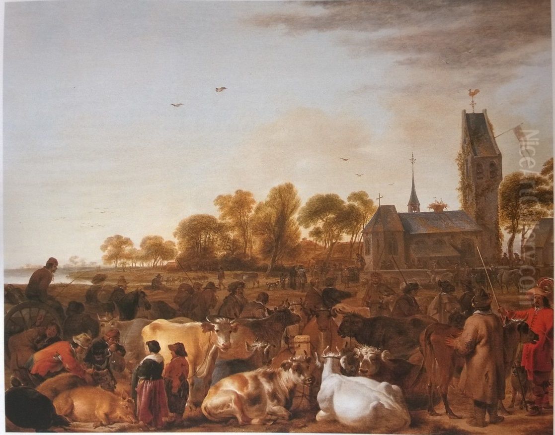 Veemarkt bij een kerk Oil Painting by Cornelis Saftleven