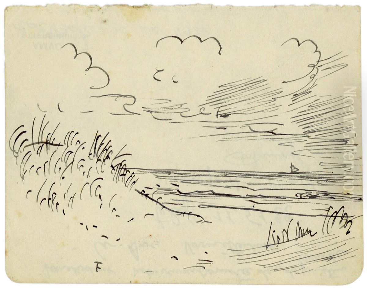 zeezicht met duin, strand en bootje Oil Painting by Felix Timmermans