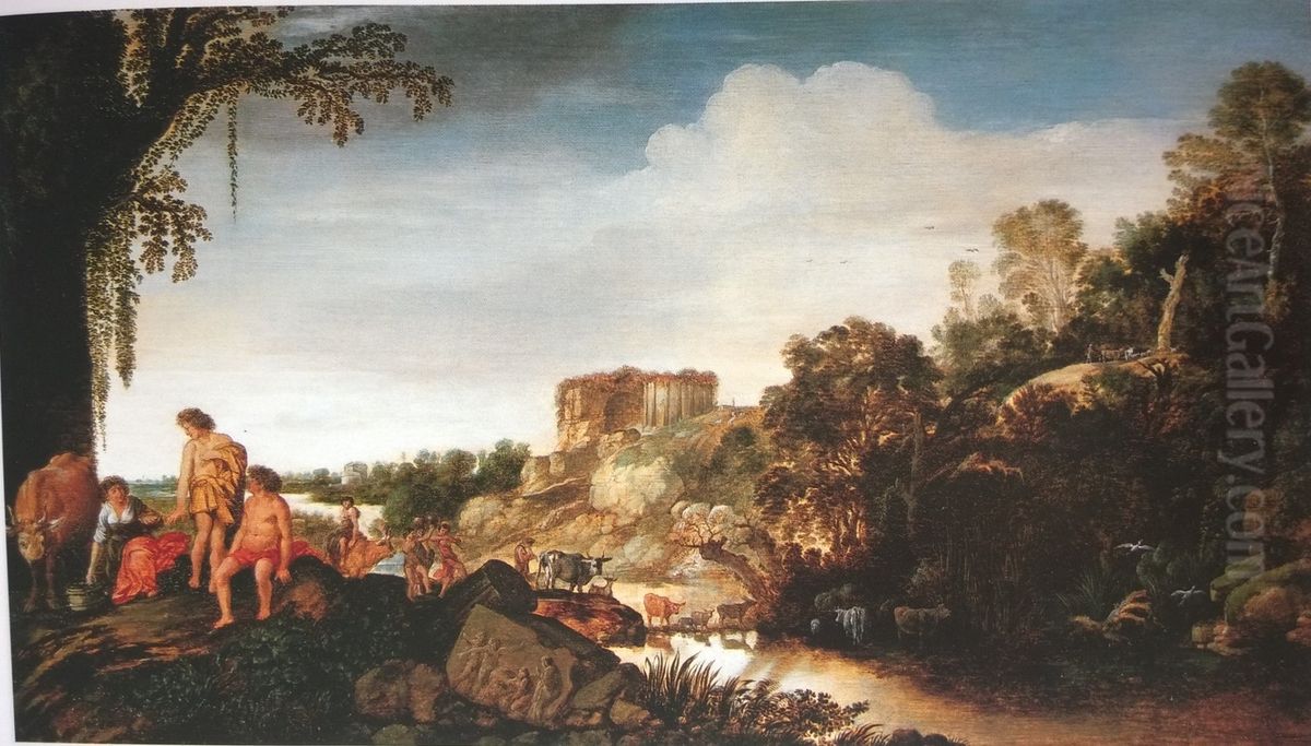 Arcadisch landschap met ruines en koeherders Oil Painting by Moses van Uyttenbroeck
