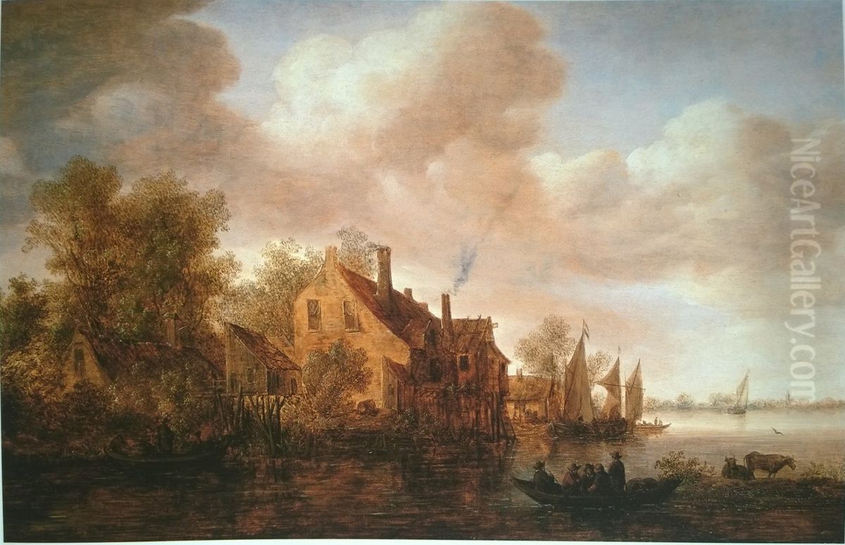 Rivierlandschap met huizen op linkeroever Oil Painting by Jan van Goyen