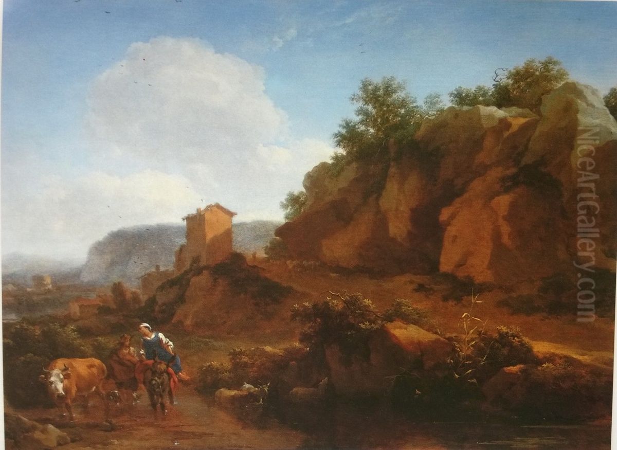 Southern Landscape with Country-Dwellers Oil Painting by Nicolaes Pieterszoon Berchem