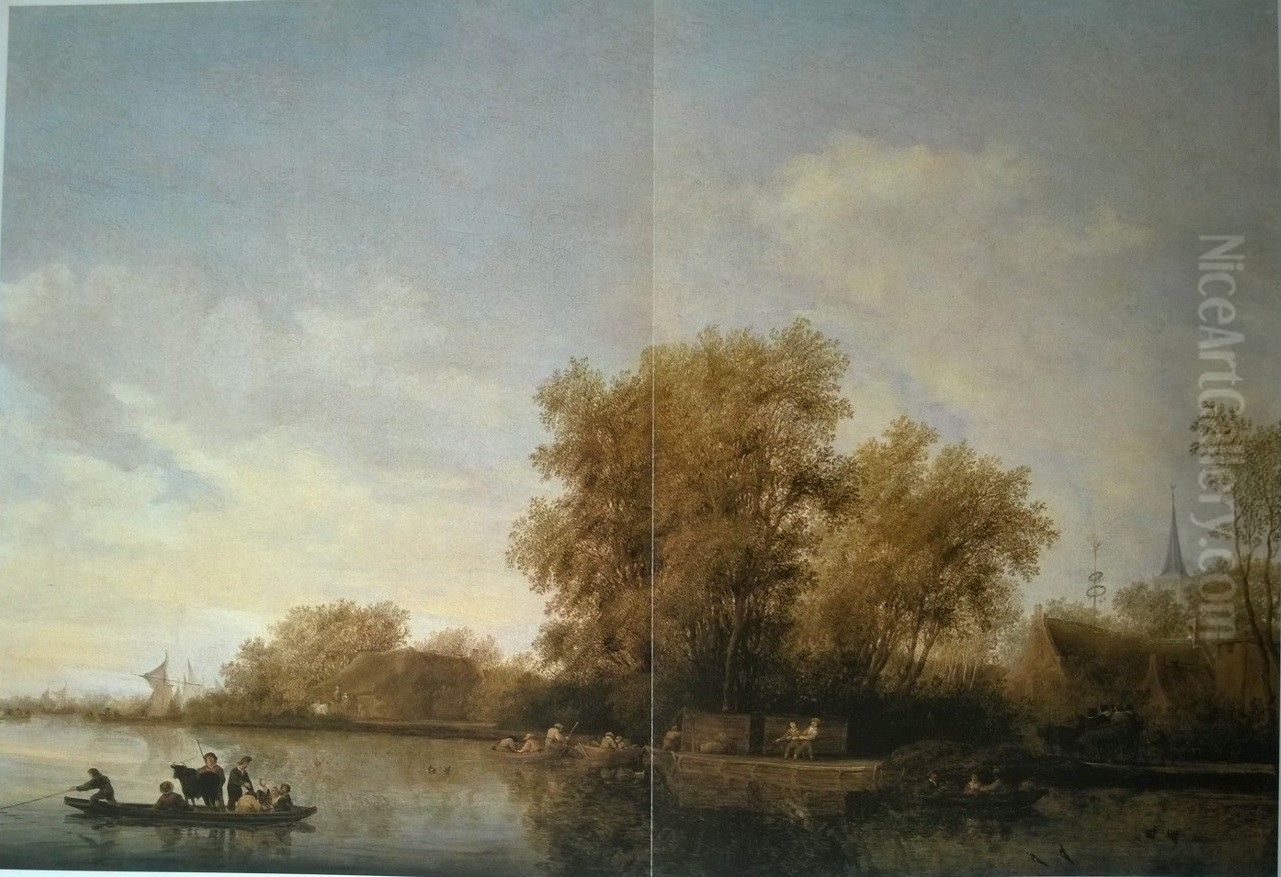 River Landscape with Ferry Oil Painting by Salomon van Ruysdael