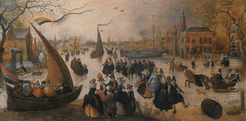 Landscape with a Frozen Canal, Skaters and an Ice Yacht Oil Painting by David Vinckboons I