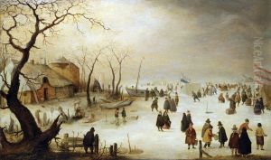 Winter landcape with figures and tents on the ice