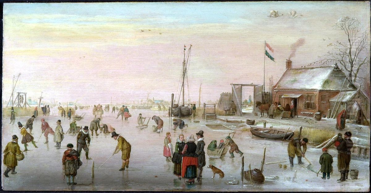 Winterlandscape with figures skating and playing kolf on the ice near a cottage Oil Painting by Hendrick Avercamp