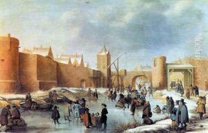 Skaters on the ice on a canal of a city (Kampen?)