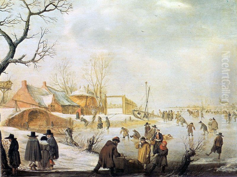 Winter Landscape with Skaters and Stone bridge Oil Painting by Barent Avercamp