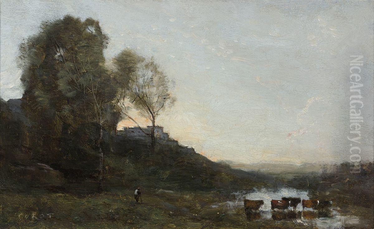 The Ford with Five Cows Oil Painting by Jean-Baptiste Camille Corot