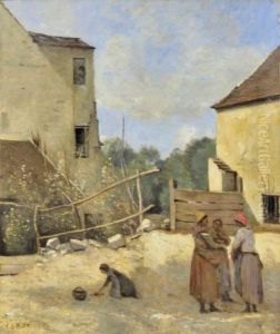 Three peasant girls chatting in a rustic courtyard