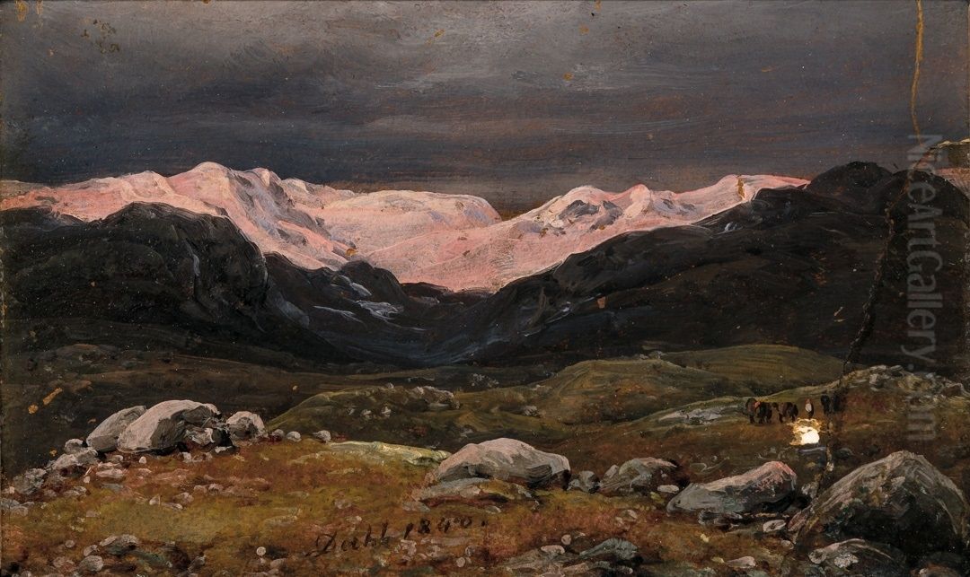 Mountains on Hardangervidda at Sunset Oil Painting by Johan Wilhelm Ludwig Dahl