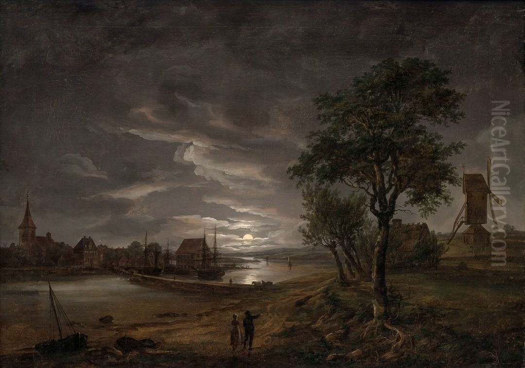 View of Stege in Moonlight Oil Painting by Johan Wilhelm Ludwig Dahl