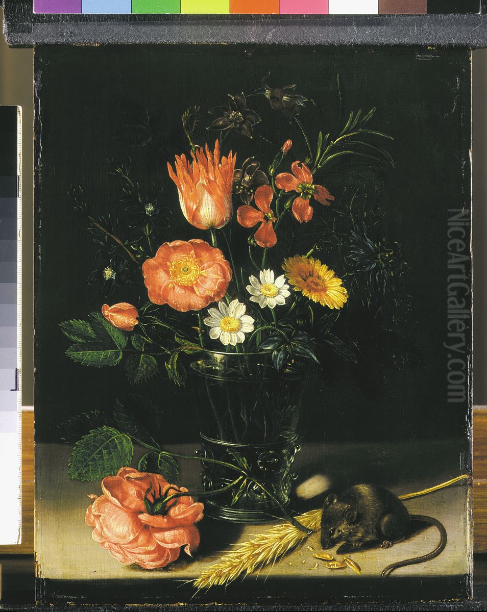 Bloemen in een vaasje met knabbelende muis Oil Painting by Clara Peeters