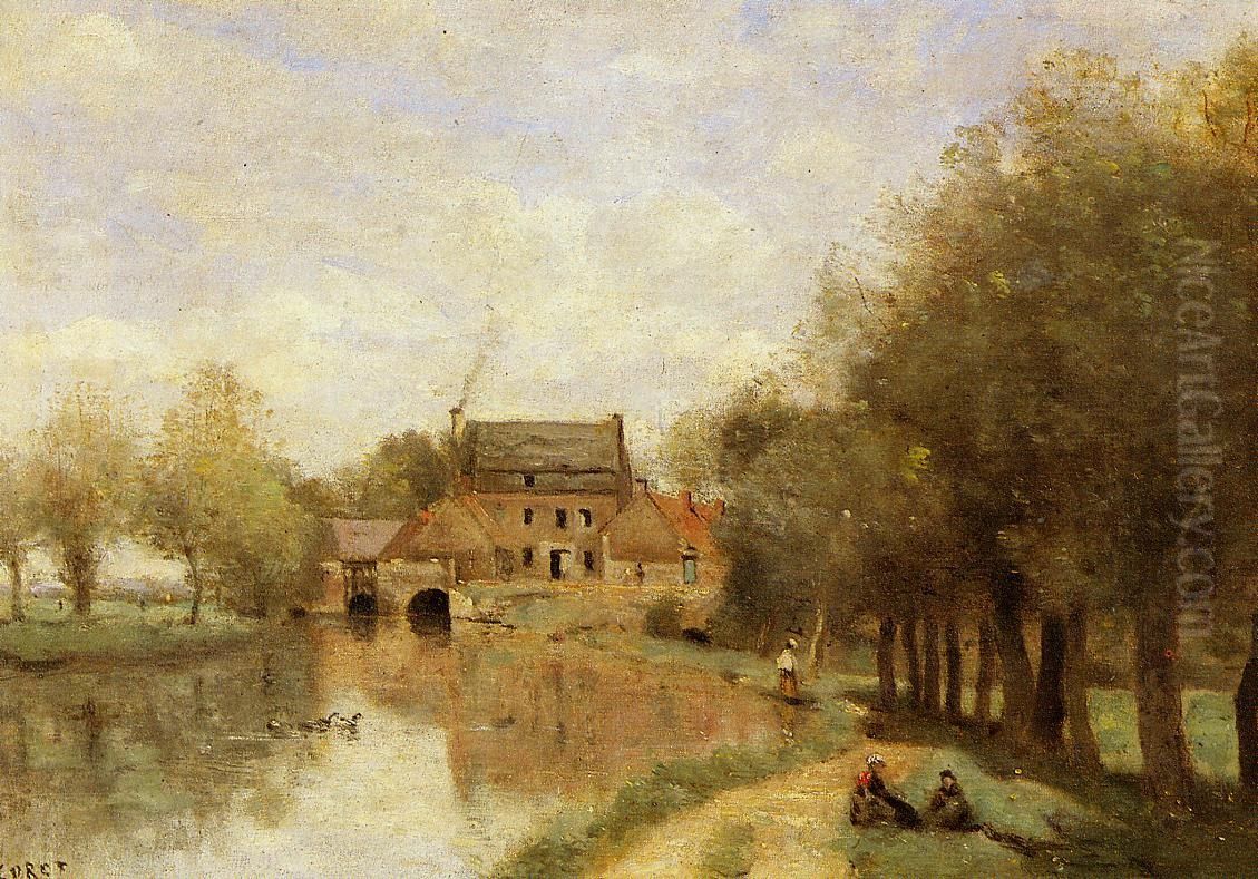 Arleux-du-Nord, the Drocourt Mill Oil Painting by Jean-Baptiste Camille Corot