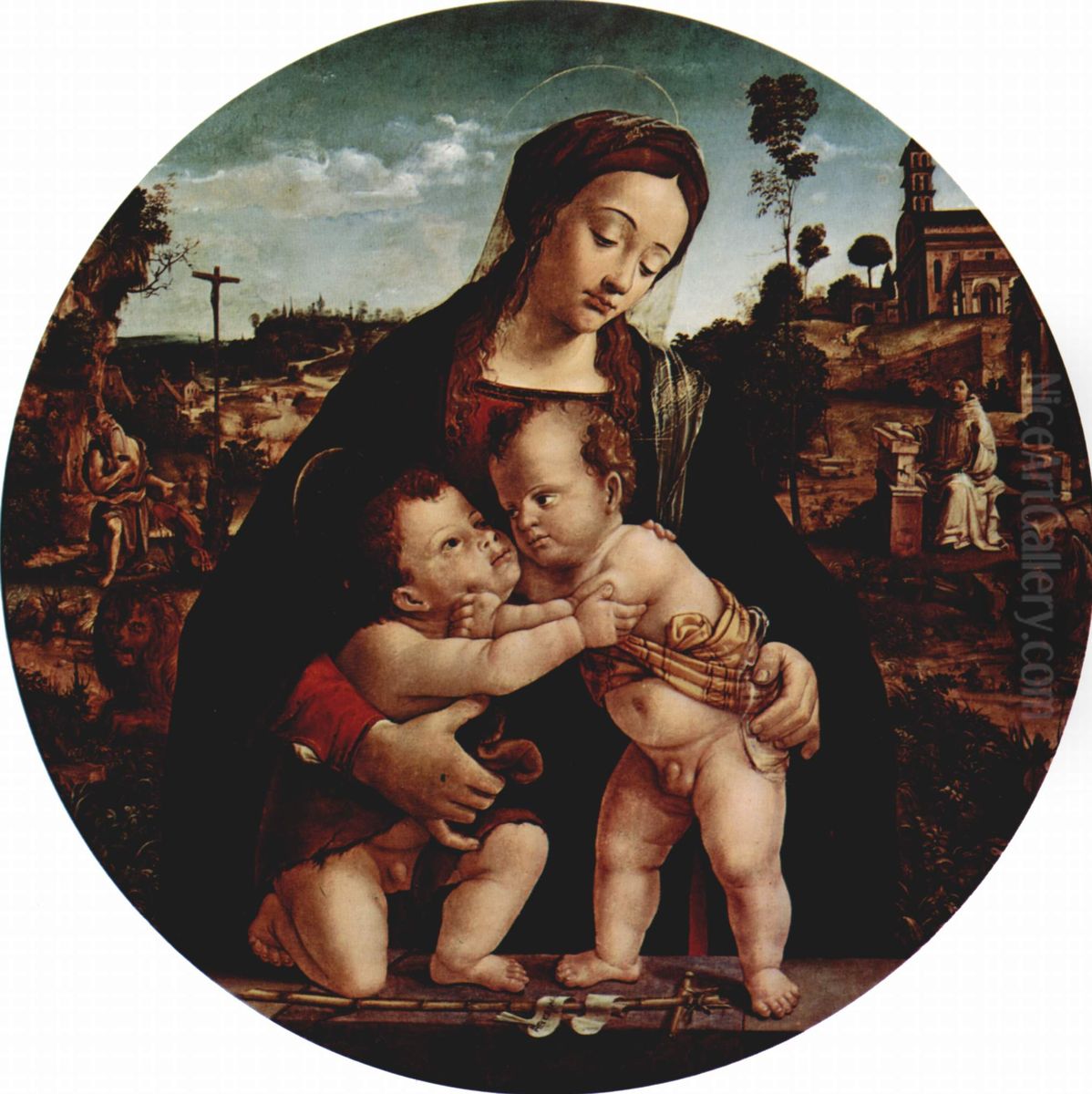 La Vierge a l'Enfant avec le jeune saint Jean Baptiste Oil Painting by Piero Di Cosimo