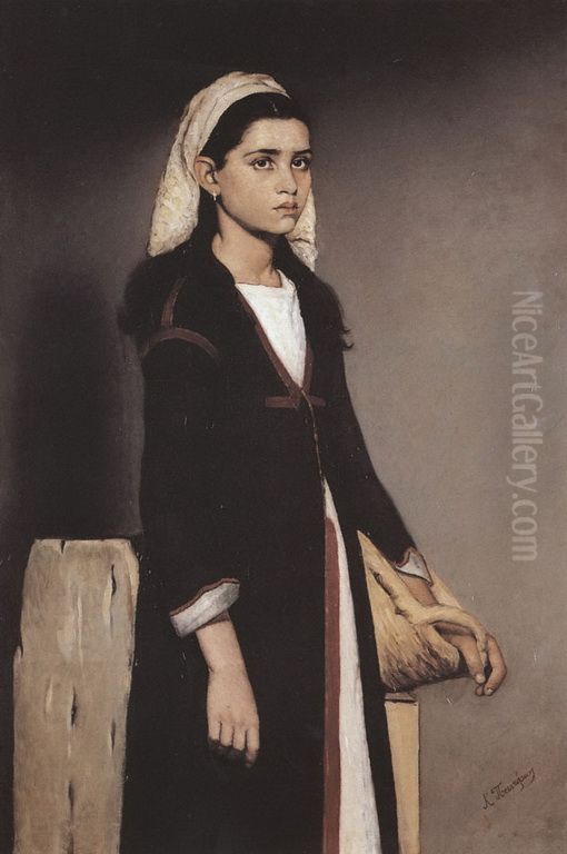 Peasant girl with basket Oil Painting by Konstantinos Panorios