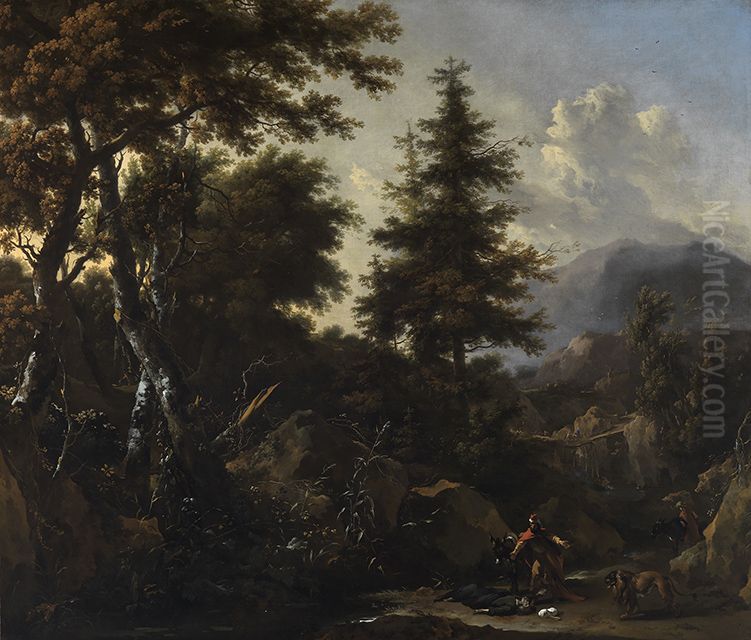Mountain landscape with figures from the old testament Oil Painting by Nicolaes Pieterszoon Berchem